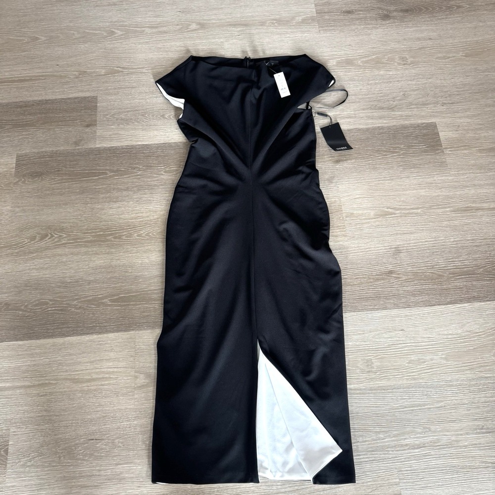 White House Black Market OTS Midi Dress Women 8 Black Off The Shoulder Slit NWT
